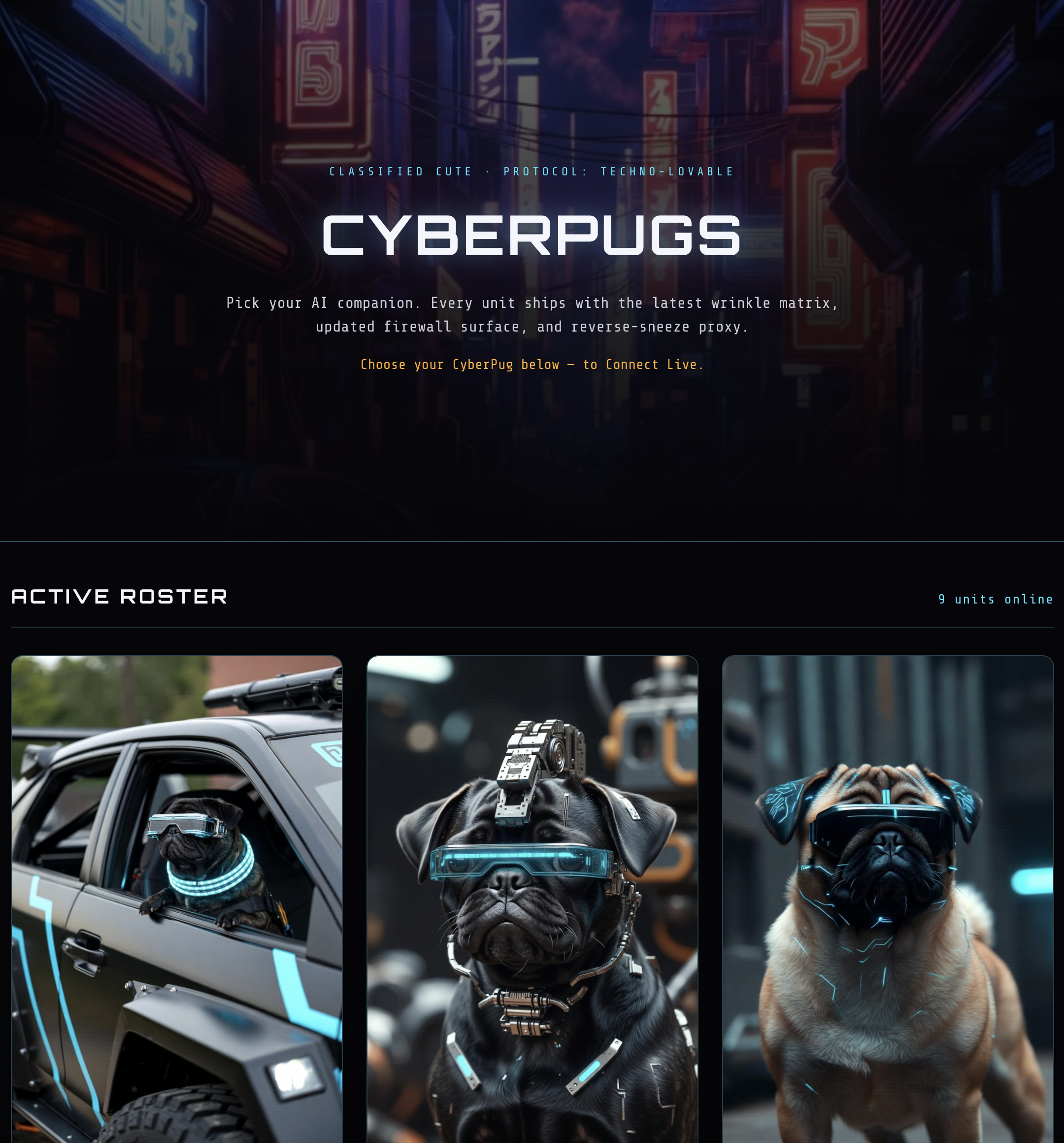 CyberPugs chat session with Turbo Snort: cockpit backdrop, pug avatar, and terminal-style message panel.